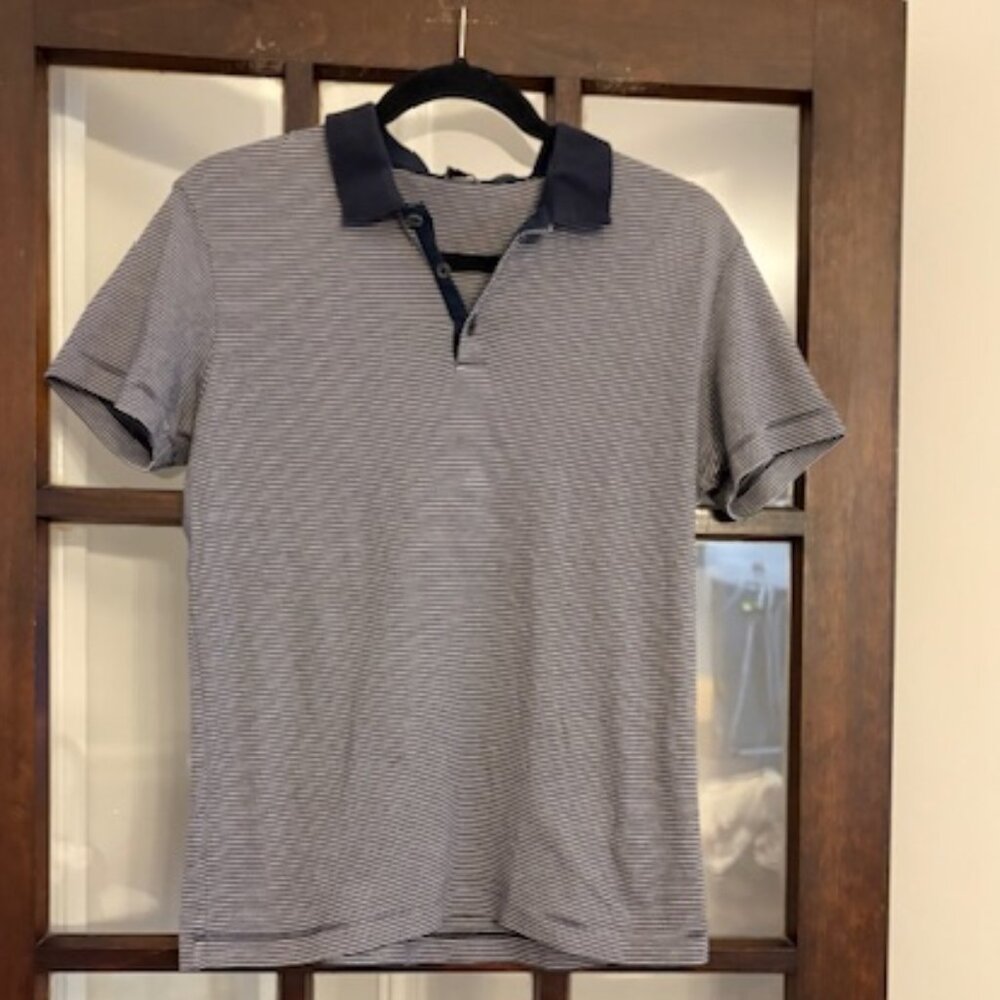 Theory Navy Blue and White Striped Polo, Size Small.